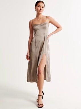 Abercrombie & Fitch Camille Satin Slip Midi Dress with Slit - Taupe